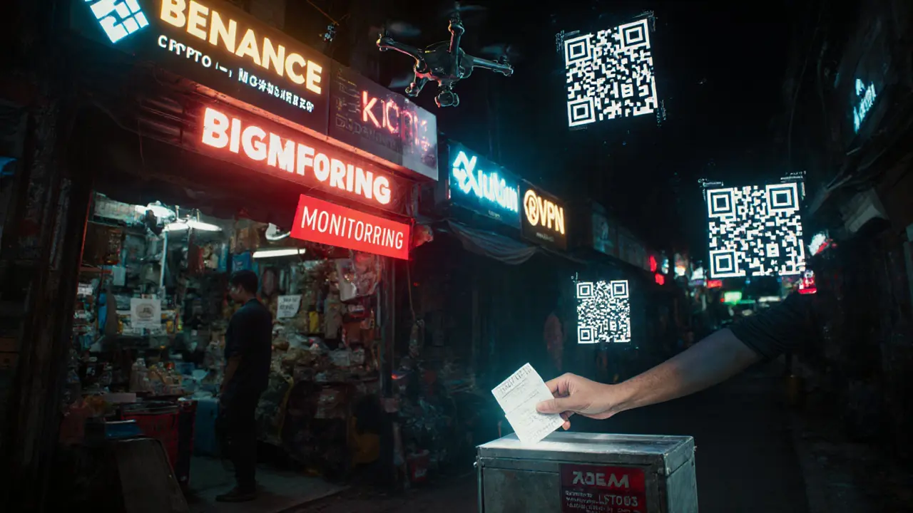 A street vendor sells secure crypto USB drives in a cyberpunk alley, holographic VPN logos float above a Bitcoin payment receipt.