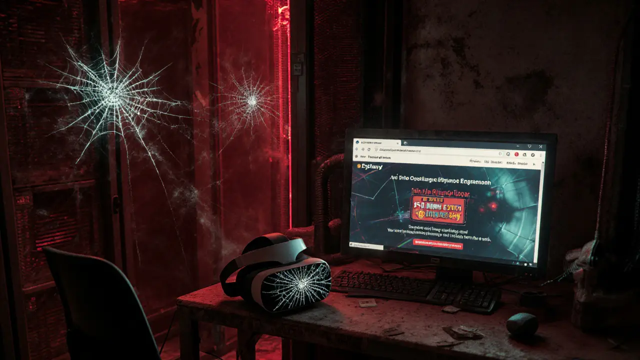 Abandoned server room with a 404 error on a monitor, flickering ERC-20 token addresses, and broken VR headsets.