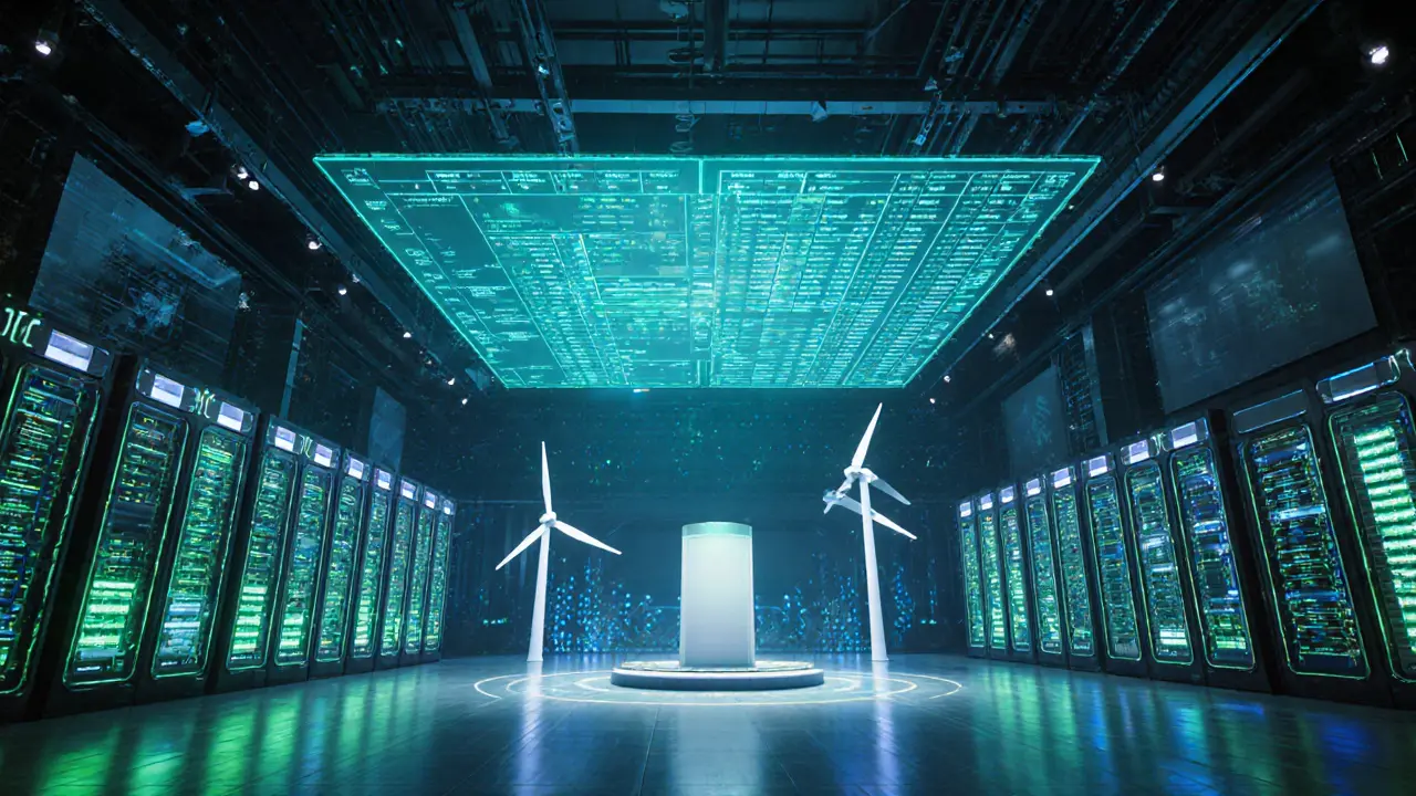 Advanced cyberpunk hub showing tokenized securities, AI AML monitoring, and green‑energy miners.