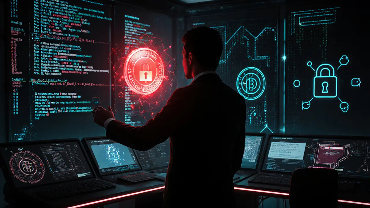 Analyst in a dark command center reviewing security indicators.
