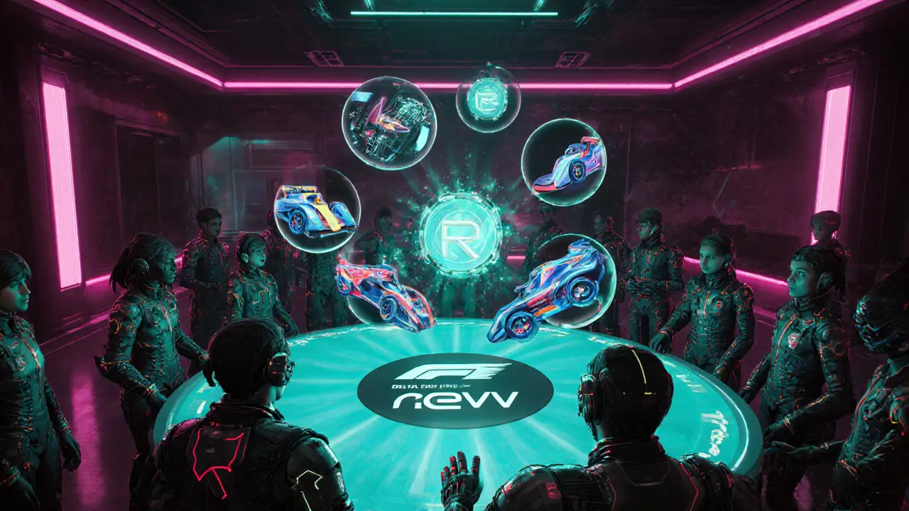 Avatars gathering around a holographic table with racing game icons and a REVV token.