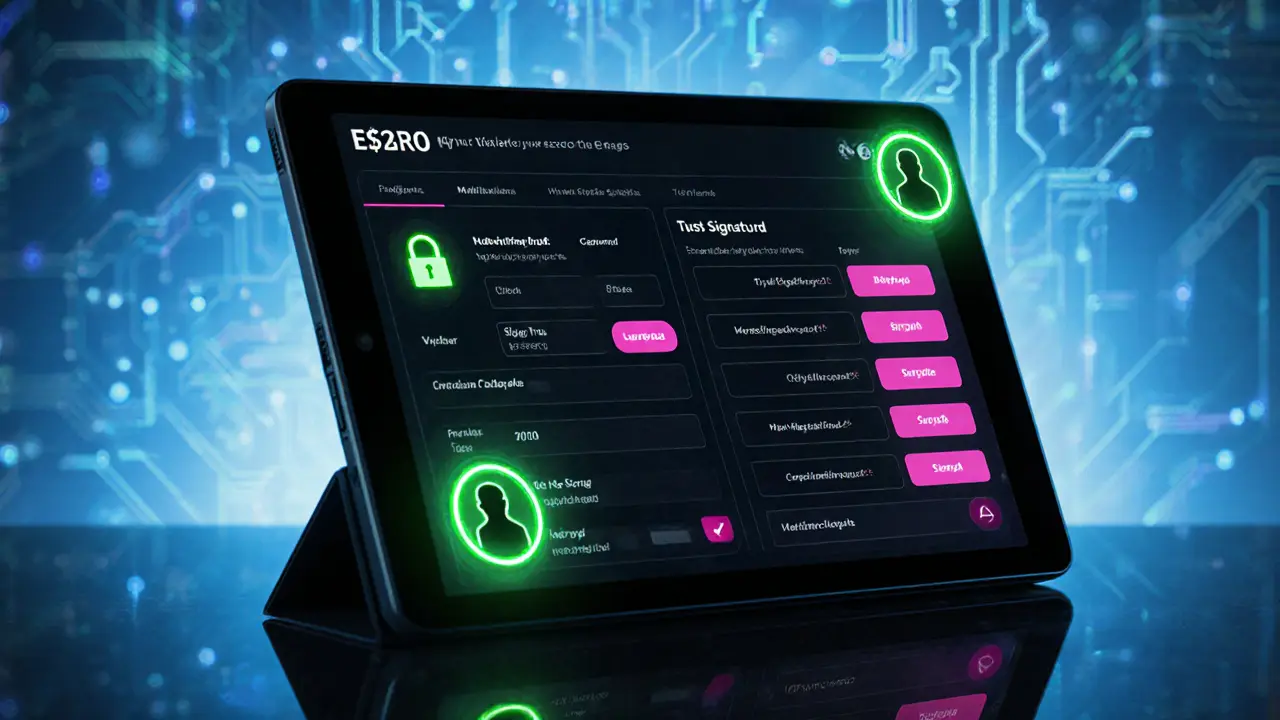 Close‑up of a cyberpunk tablet showing a multi‑signature escrow interface with glowing lock icons.