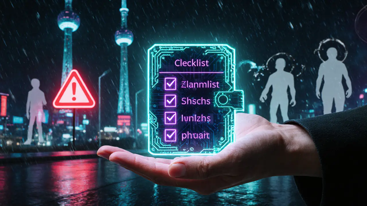 Close-up of a holo‑wallet hand showing a checklist and warning lights against a cyber city.