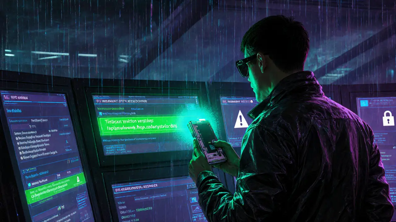 Command center displaying blockchain explorer, hardware wallet, and security warnings.