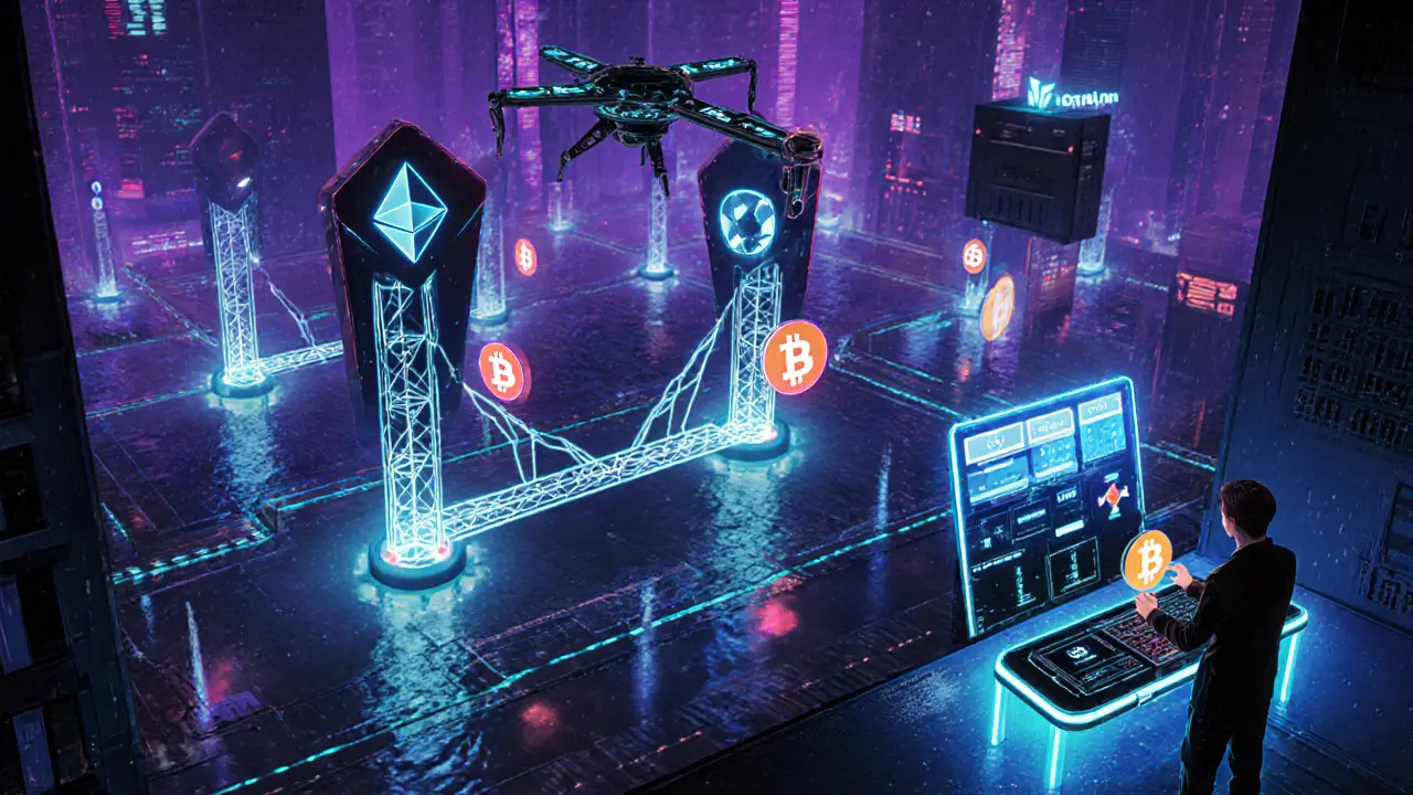 Cross‑chain bridges link blockchain towers; token used as collateral and governed dynamically.