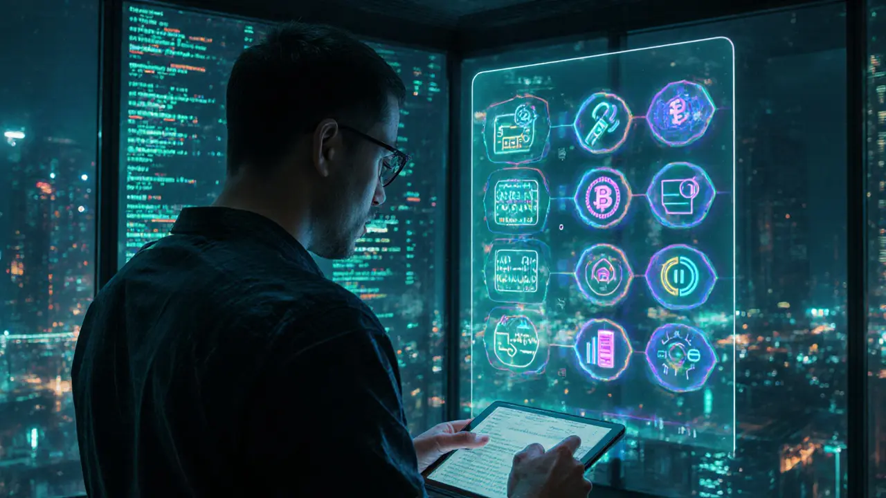 Cyber analyst reviewing holographic checklist of DEX evaluation criteria.