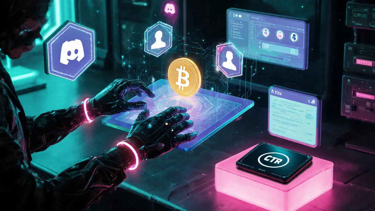 Cyber‑enhanced creator minting an NFT, surrounded by staking and Discord icons.