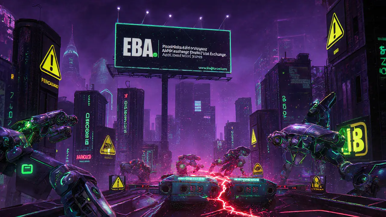 Cyberpunk city showing regulatory towers, fines, and AI AML bots monitoring crypto.