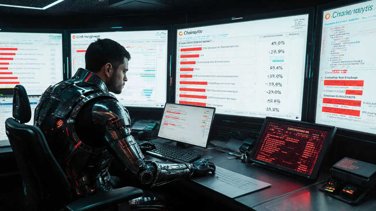 Cyberpunk compliance room with blockchain analytics screens showing blocked Cuban transactions.