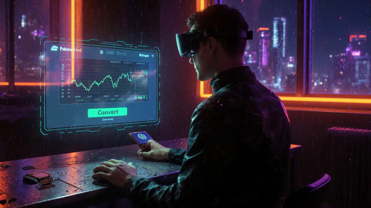 Cyberpunk trader using a holographic Bitget screen to purchase CELT, with price ticker and hardware wallet.