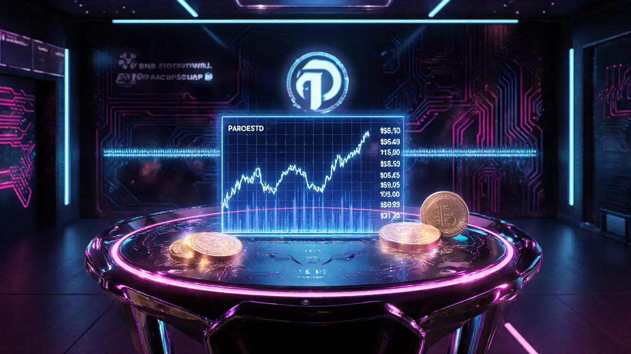Cyberpunk trading console showing glowing HTD and CGC coins with price chart.