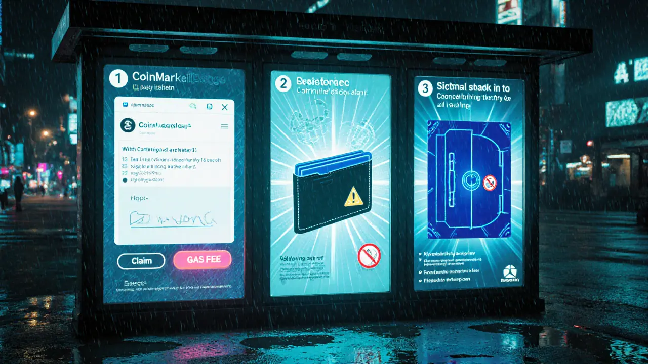 Cyberpunk UI guide showing wallet connection, claim signature, and secure hardware wallet.