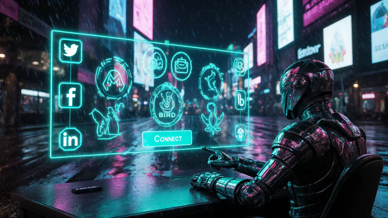 Cyberpunk user connecting a crypto wallet with holographic social task icons.