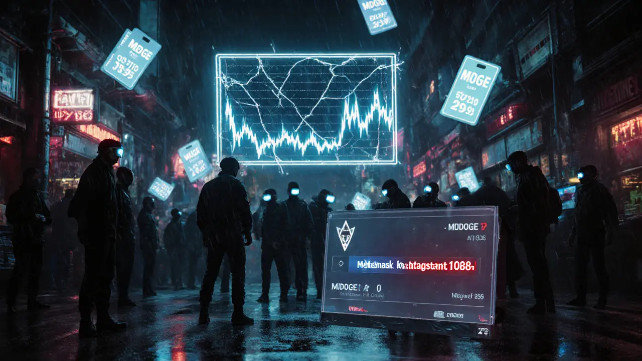 Dark cyberpunk market with floating MDOGE price tags and a holographic wallet.