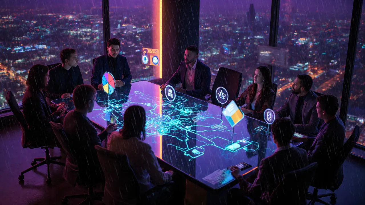 Diverse team around a holo table showing cross‑chain links and governance icons.