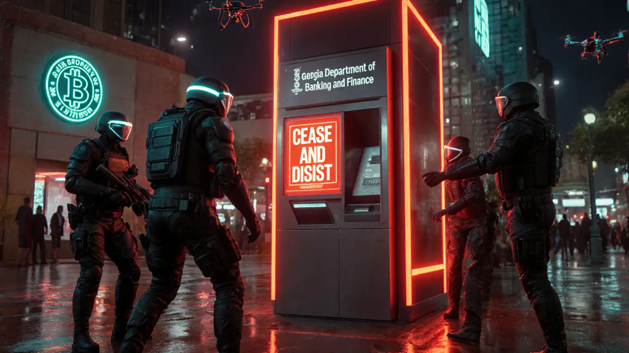 Futuristic agents shutting down a Bitcoin ATM amid red holographic cease‑and‑desist warnings.