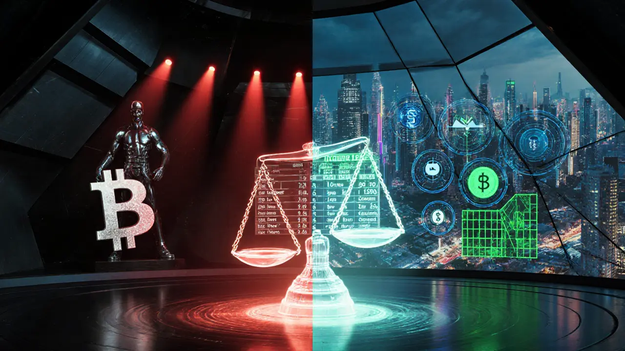 Futuristic chamber split between ban and regulation, scale balancing crypto tax ledger.