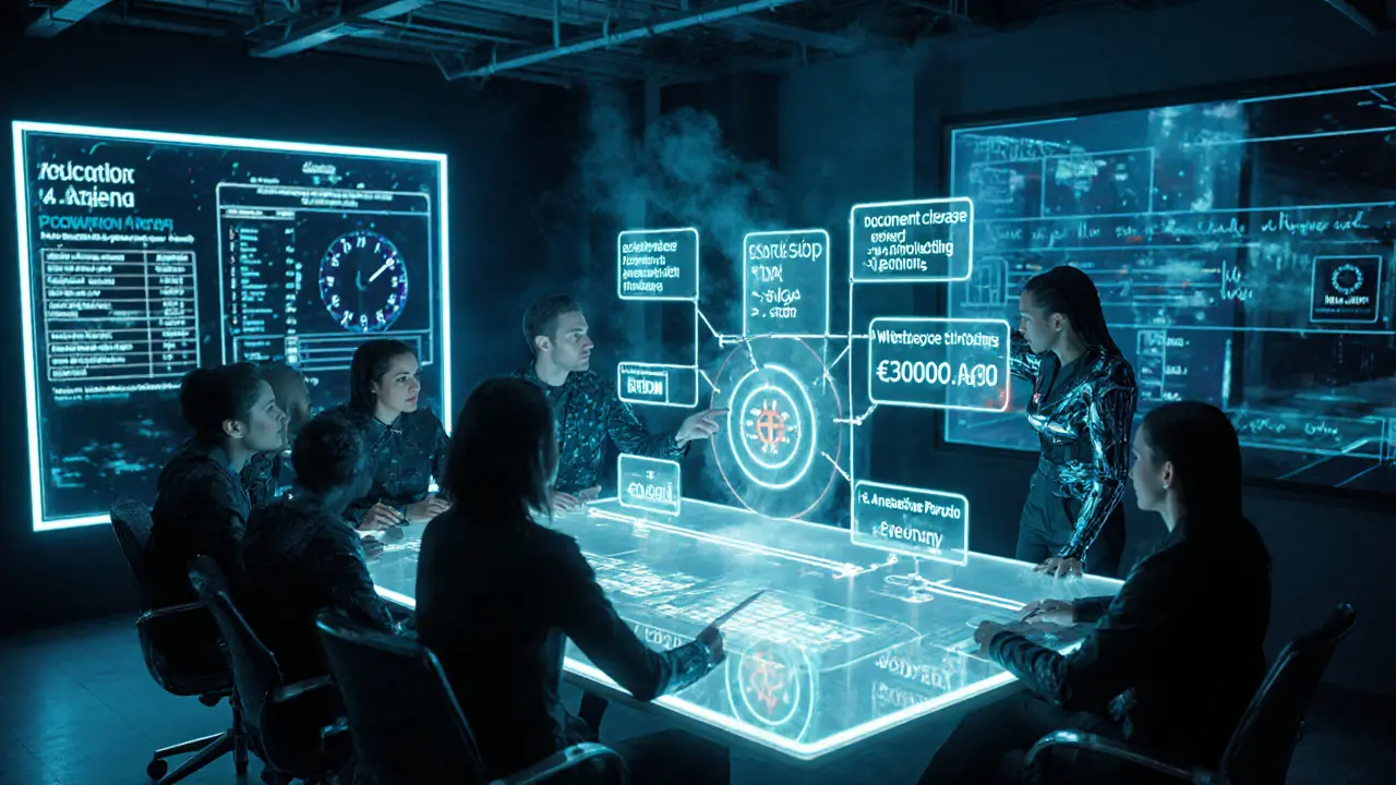 Futuristic co‑working space showing holographic licensing timeline.