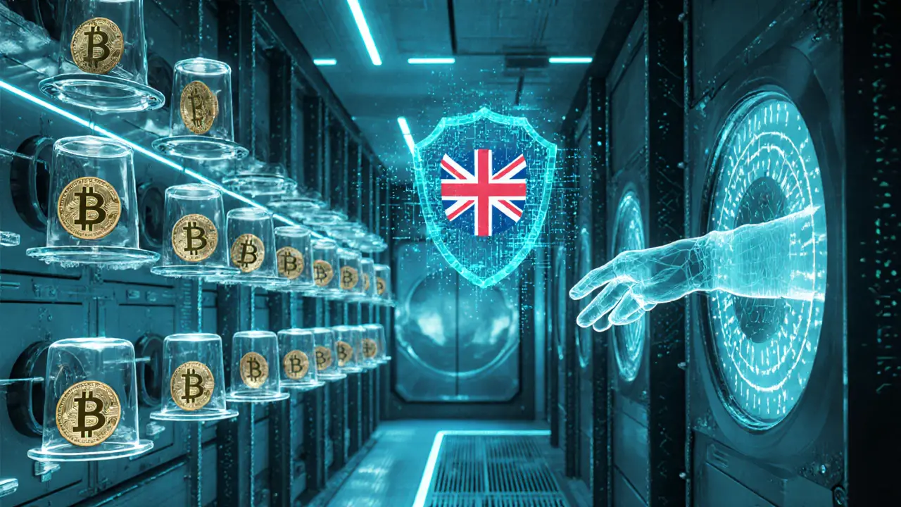 Futuristic cold‑storage vault with glowing crypto coins and digital security shields.