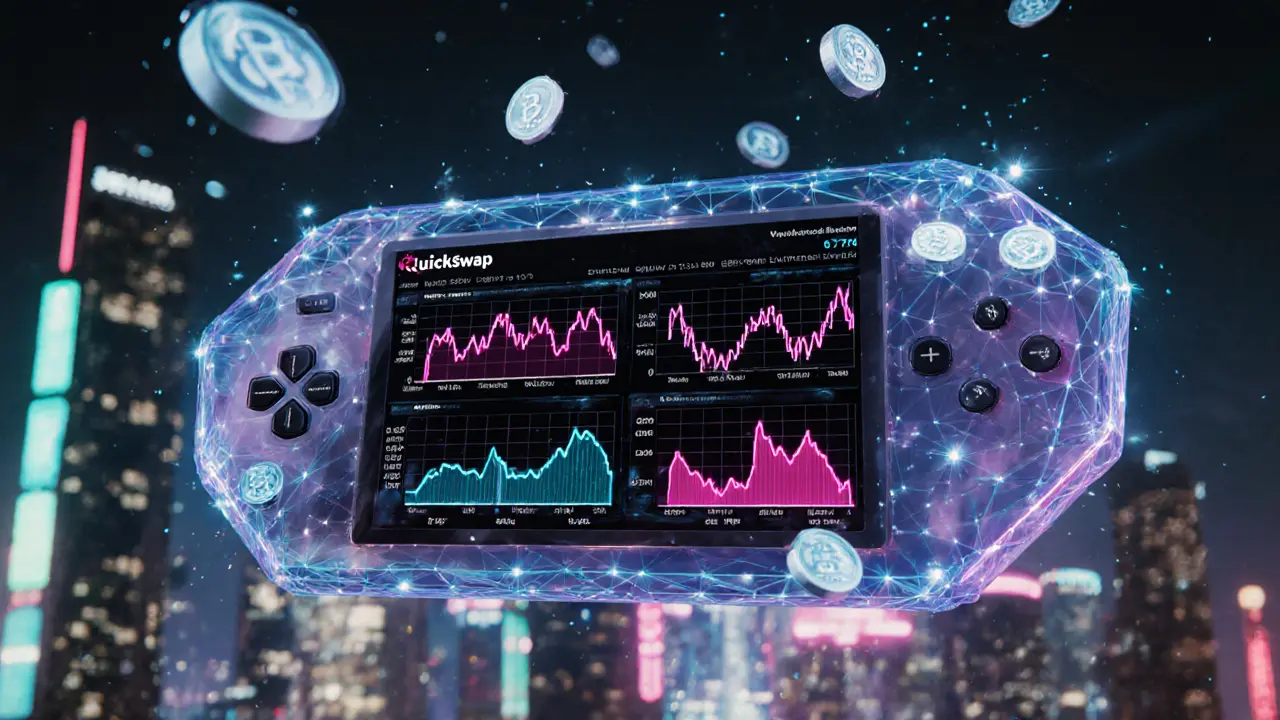 Futuristic console displaying QuickSwap stats with glowing Polygon network.