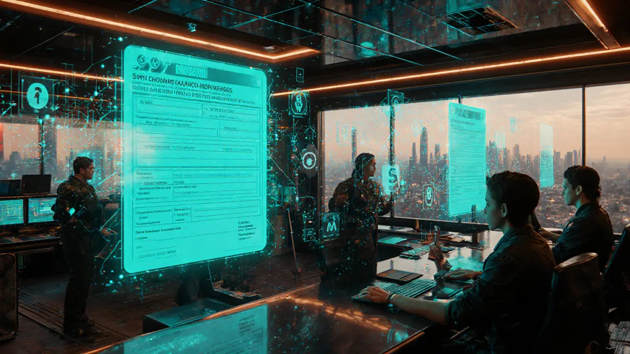 Futuristic control room with holographic KYC forms and AML screening displays.