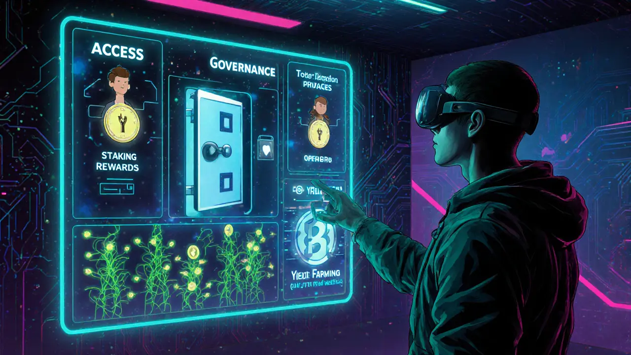 Futuristic dashboard shows token utilities: access, governance, staking, and yield farming.