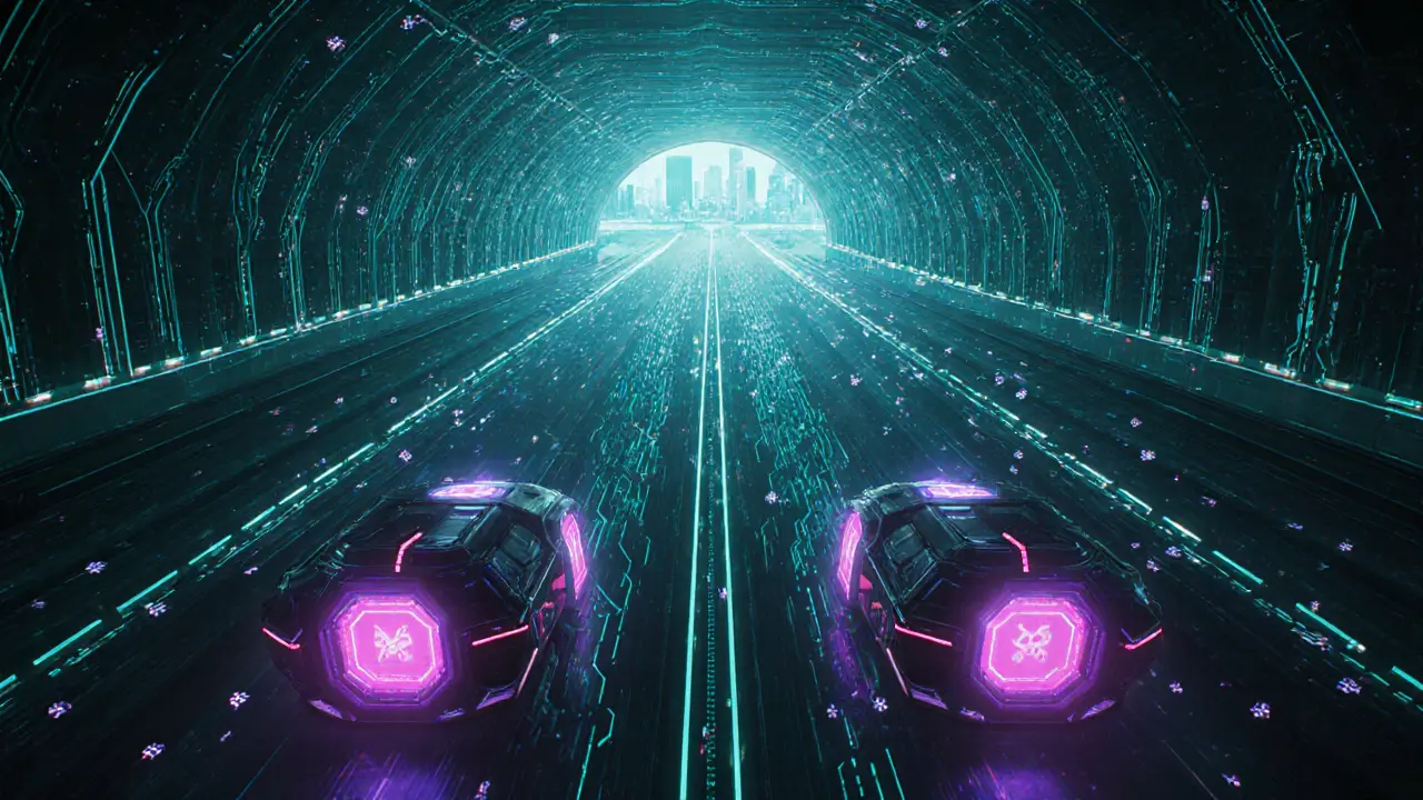 Futuristic data tunnel showcasing interconnected metagraph pods and API portals in neon colors.