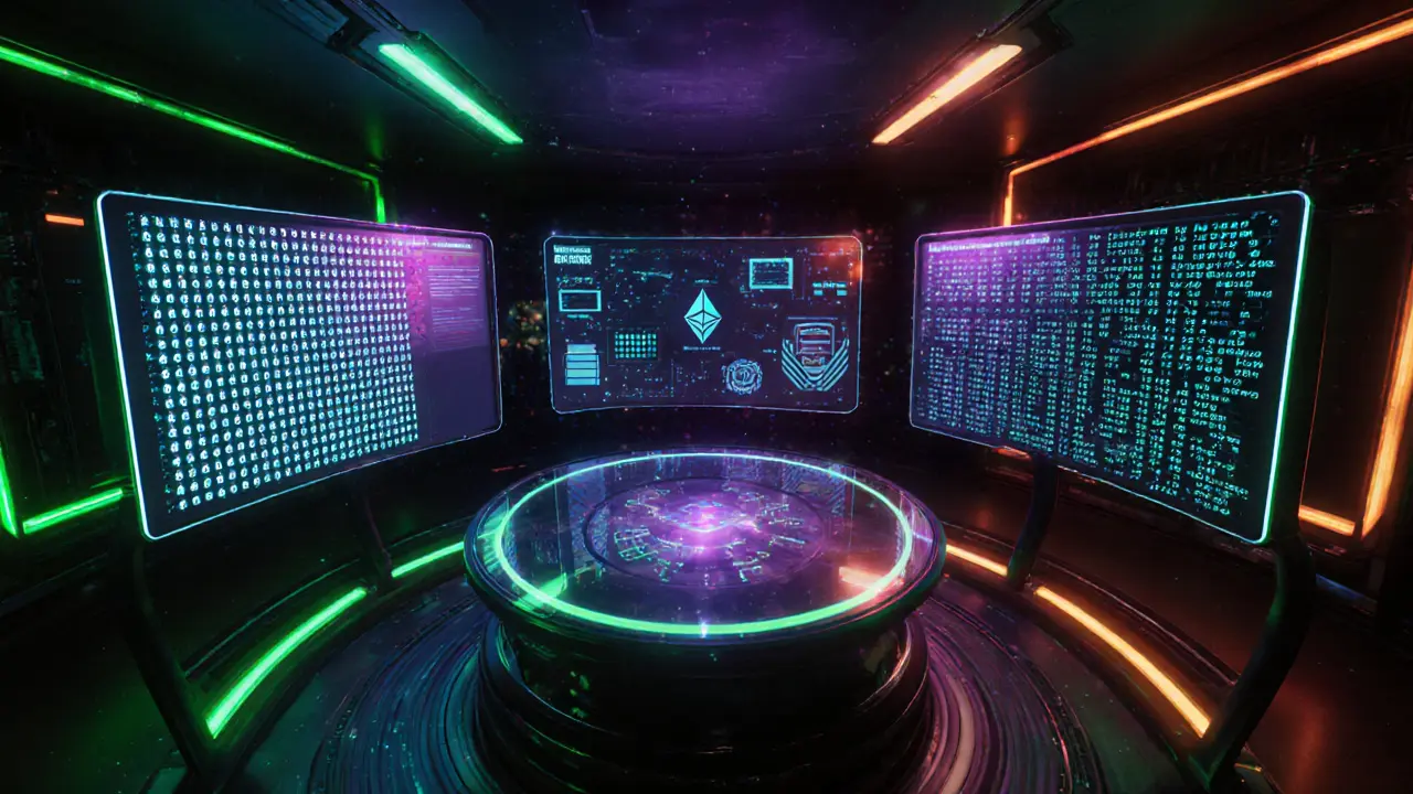 Futuristic hub shows holographic panels for DIDs, VCs, and blockchain ledger.