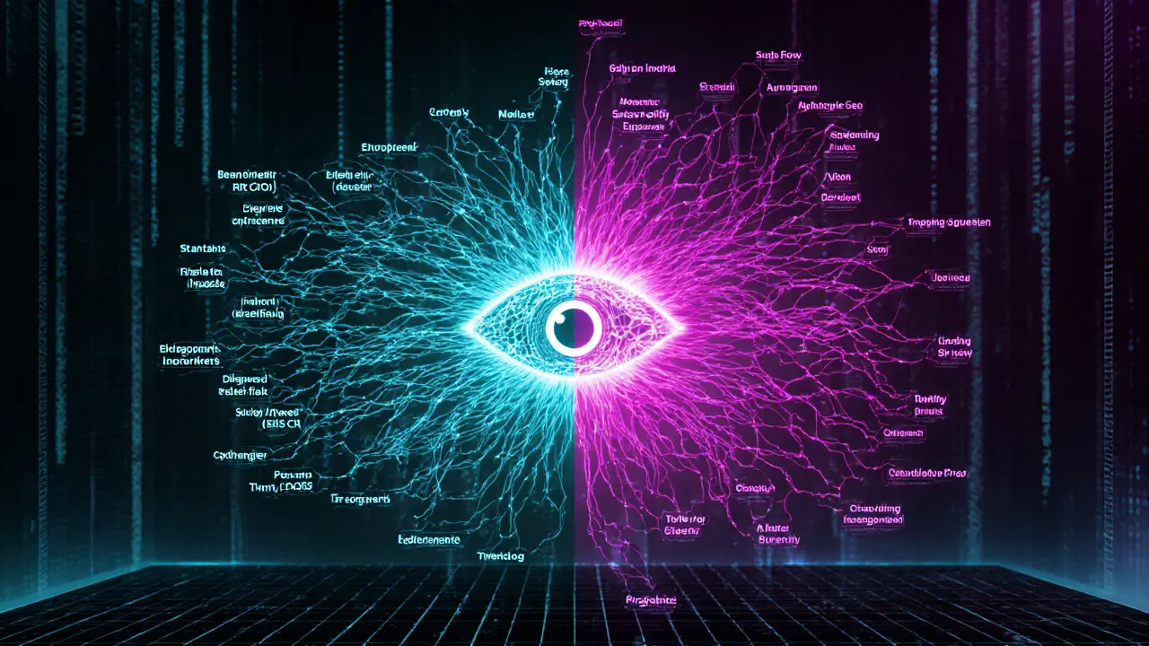 Futuristic interface showing intertwined code and transaction graphs monitored by AI in cyberpunk colors
