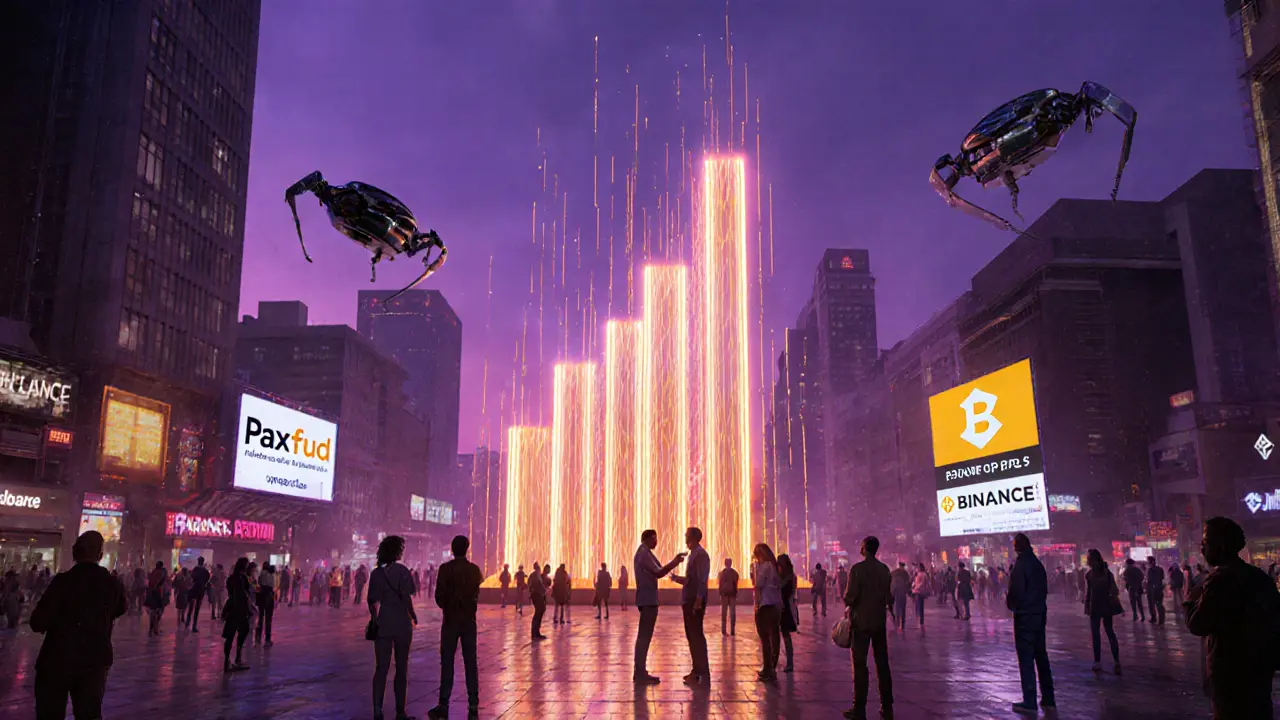 Futuristic plaza with a glowing data‑flow chart symbolizing crypto market growth, observed by regulator drones.