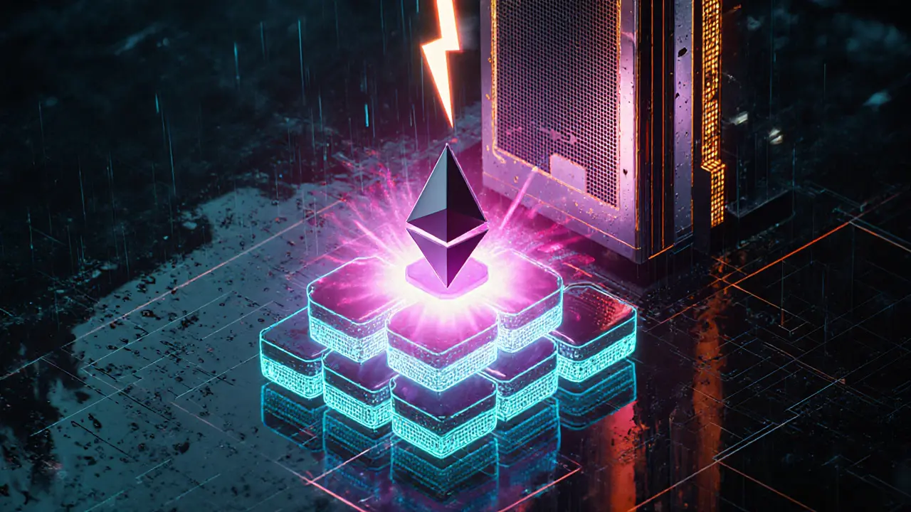 Glowing blocks of NFT transactions merge into a STARK proof crystal linking to an Ethereum node.