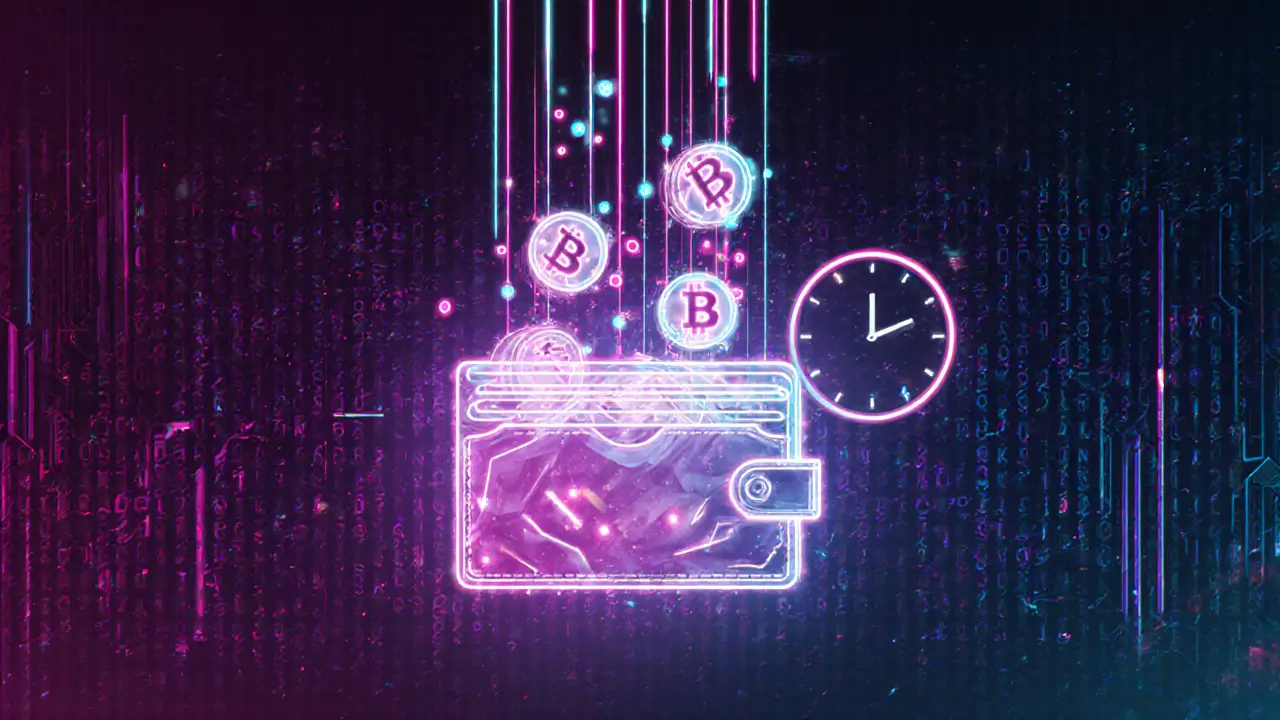 Glowing REVV tokens flowing into a floating neon digital wallet.