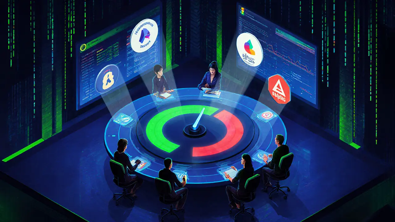 Group of avatars in a cyberpunk hub reviewing holographic security tools and risk score