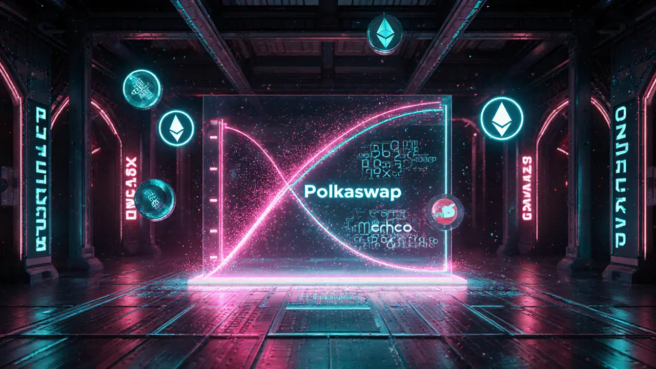 Holographic DEX floor showing a glowing bonding‑curve and token flow.