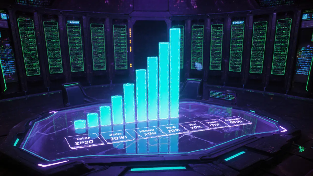 Holographic timeline showing glowing bars for Celestial’s monthly token releases in a cyberpunk control room.
