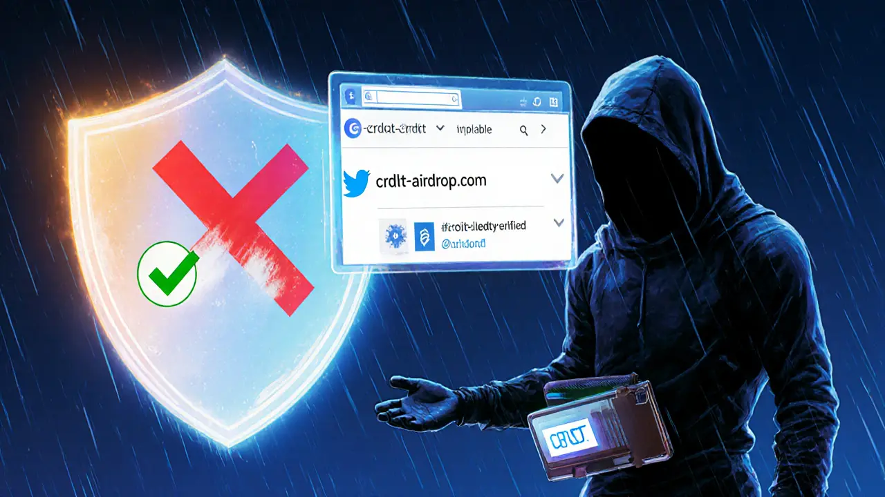 Hooded figure viewing holographic shield distinguishing real vs fake CRDT sites, holding ledger wallet.