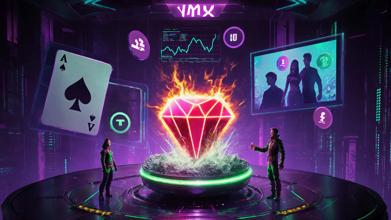 IMX token glows while half burns, with avatars staking it amid holographic game billboards.