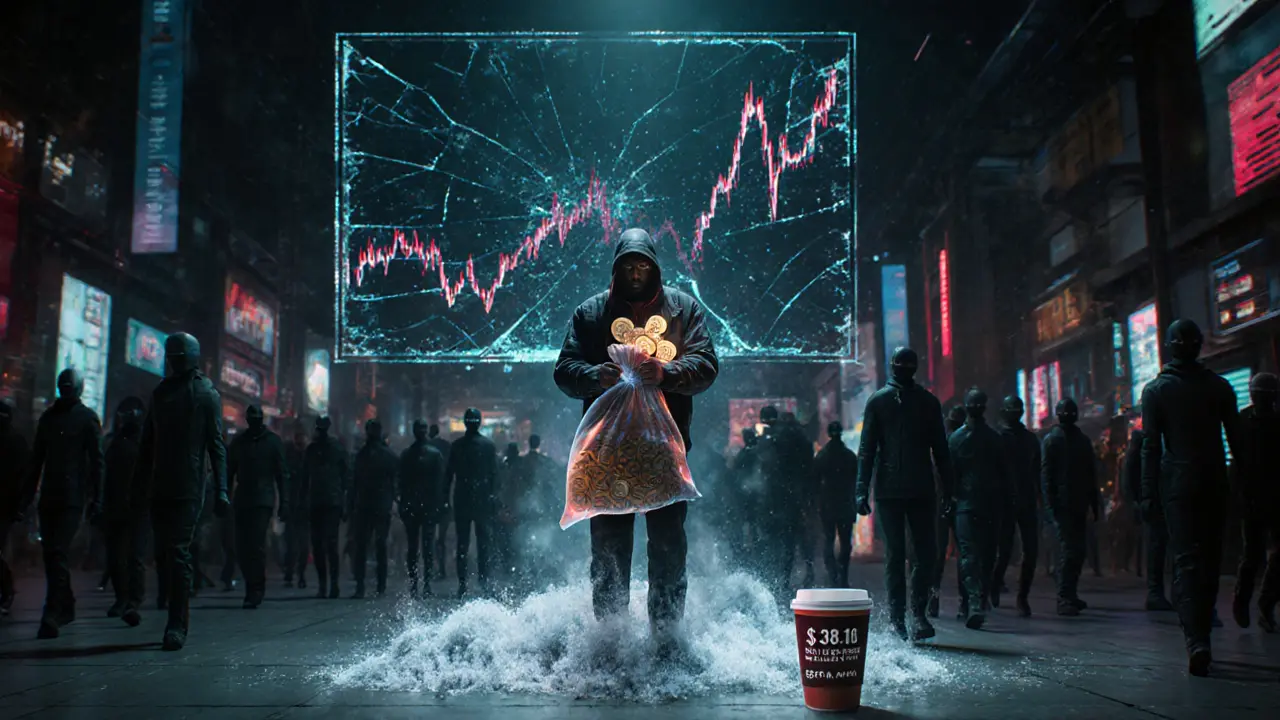 Investor holding worthless ANK tokens as a shattered price chart collapses above them.