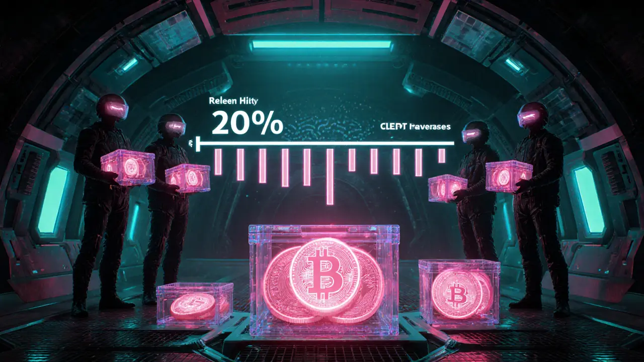 Investors in visor helmets hold glowing token crates beside a holographic release timeline.