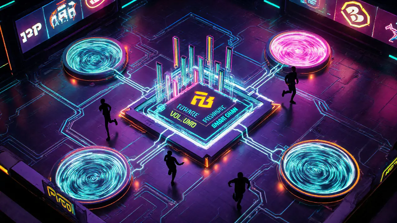 Neon cyberpunk view of Pera Finance trading arena with glowing liquidity pools and volume bars.