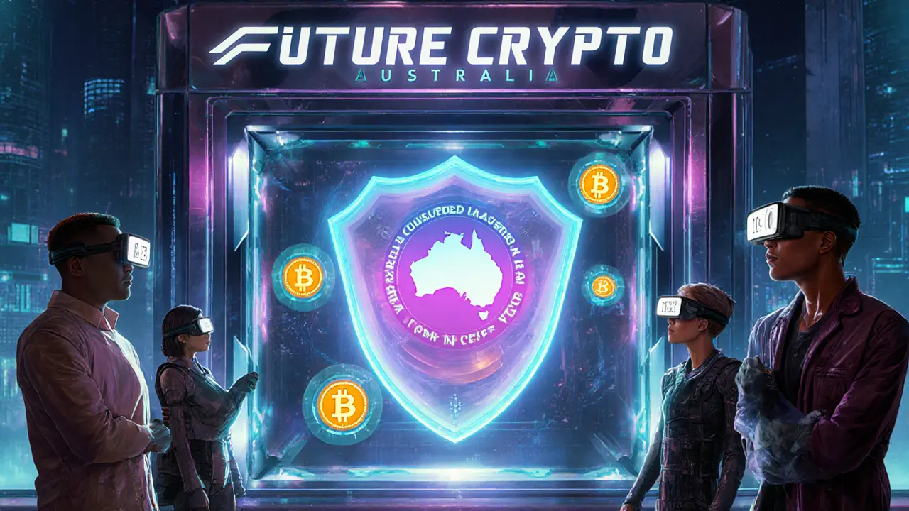 Neon‑lit vault with floating crypto tokens protected by regulatory shields.
