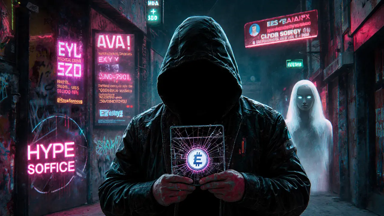 Person holding a wallet showing a near-zero EZY token value, surrounded by glowing ads for competing travel cryptos.
