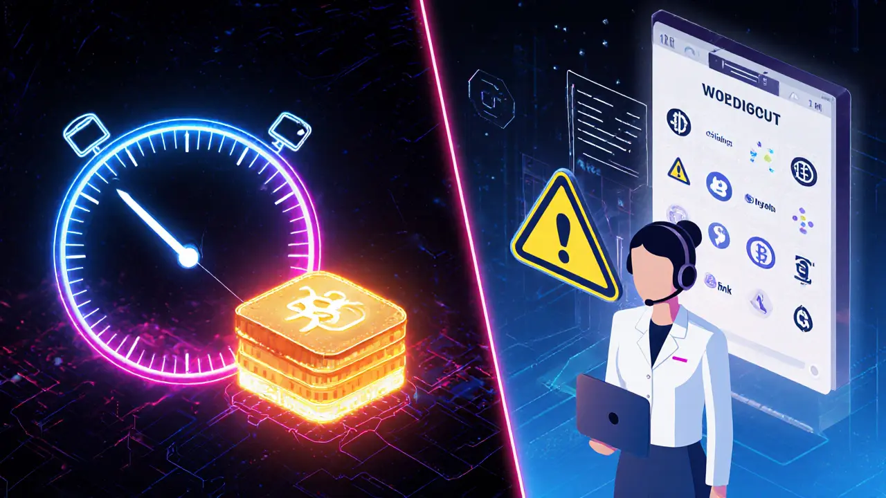 Split cyberpunk scene showing fast bank transfer speed and limited crypto asset list with support hologram.