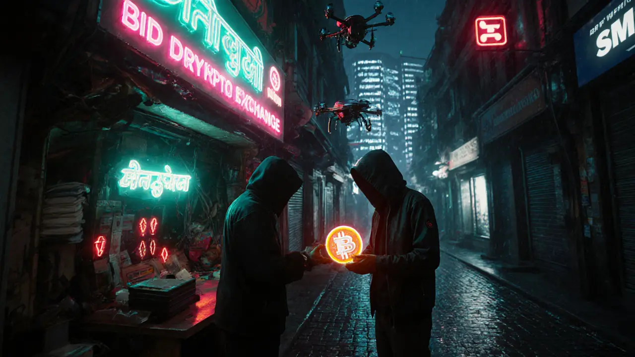 Underground crypto swap in a neon alley, holographic coins and surveillance drones.
