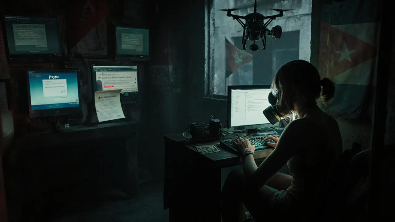 Underground Havana crypto trade with woman exchanging USDT, surrounded by blocked login screens.