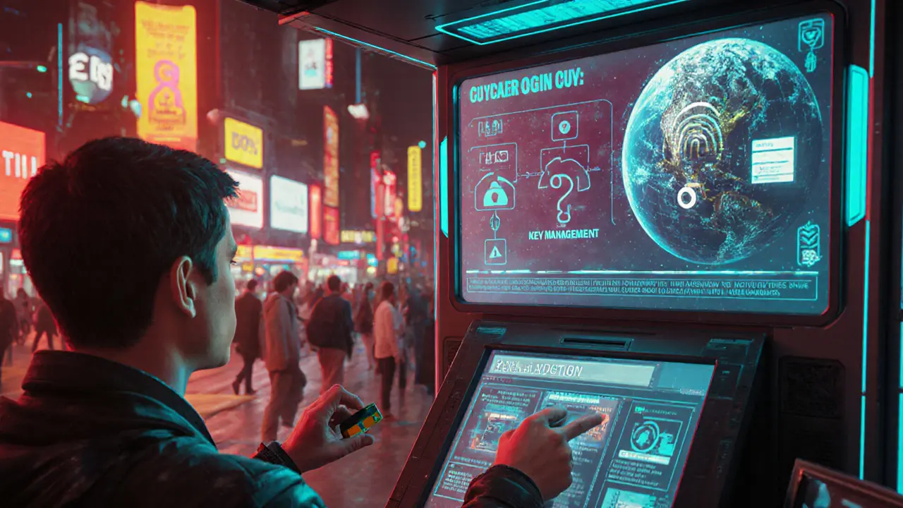 User at cyberpunk kiosk faces key‑management, UI, and regulatory challenges.