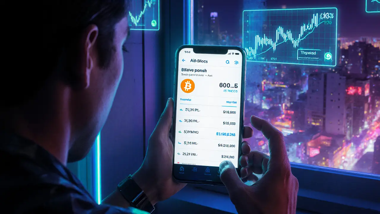 User holding a phone with a holographic crypto app in a cyberpunk apartment.