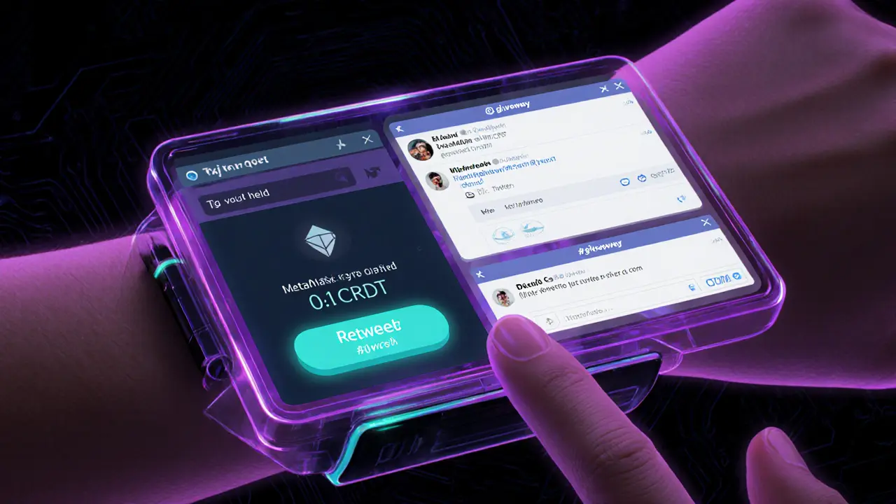 User interacting with AR wrist device showing wallet, Twitter retweet, and Discord verification.