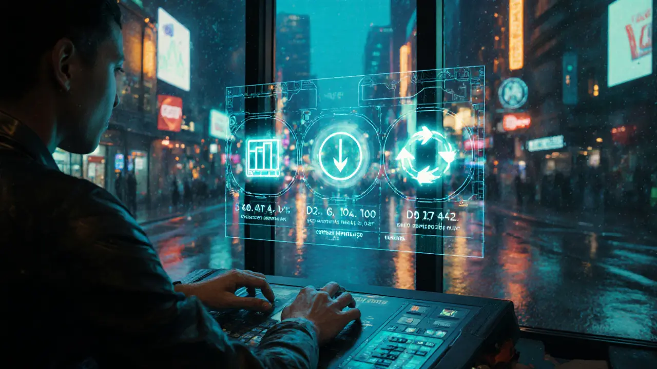 User interacts with a holographic trading console showing spot, convert, and swap icons.