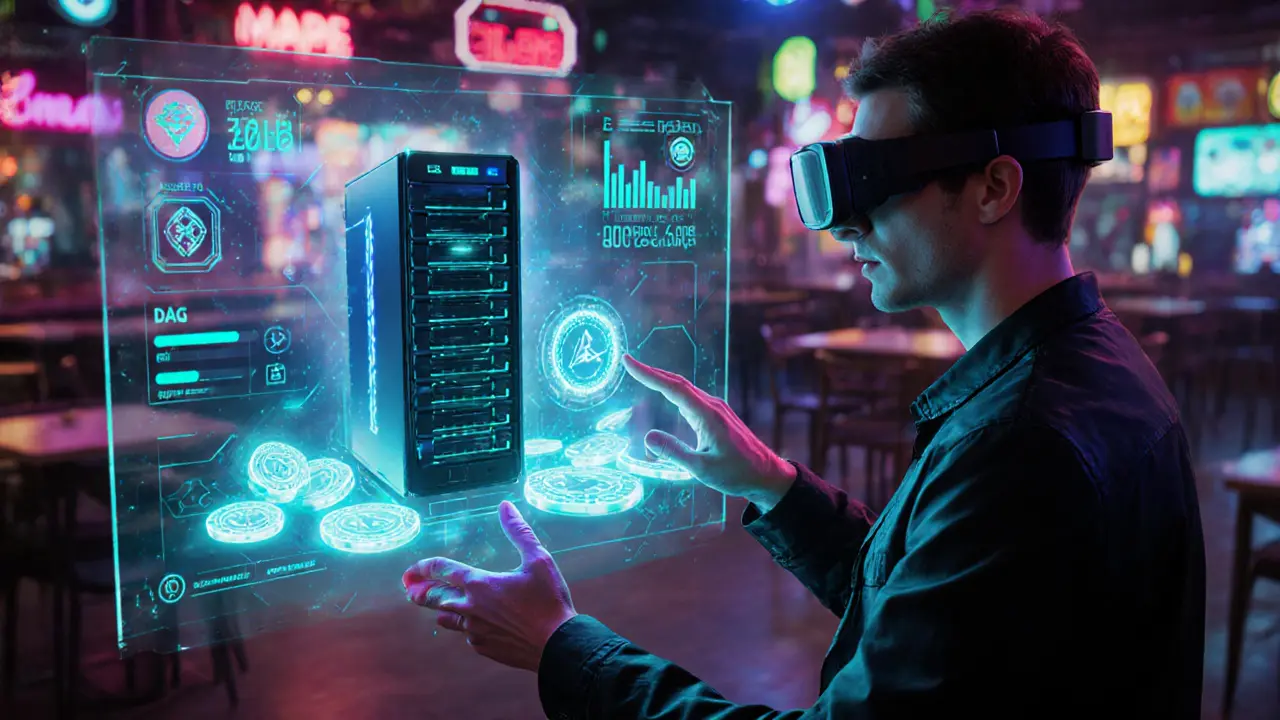 User with AR glasses using a holographic wallet to delegate DAG tokens to a validator node.
